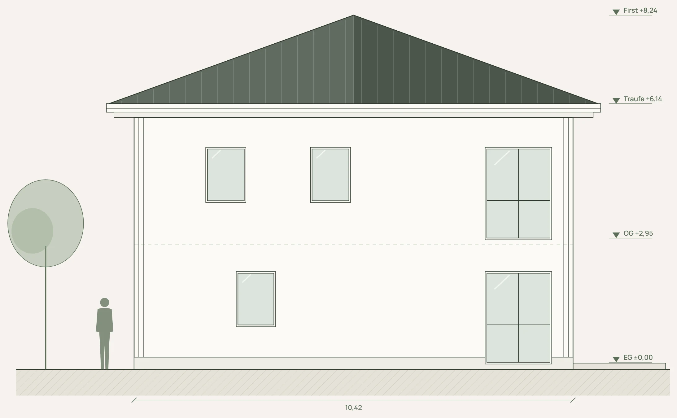 Architektenansicht Ost: Seitenansicht mit Wohnbereich und Bad
