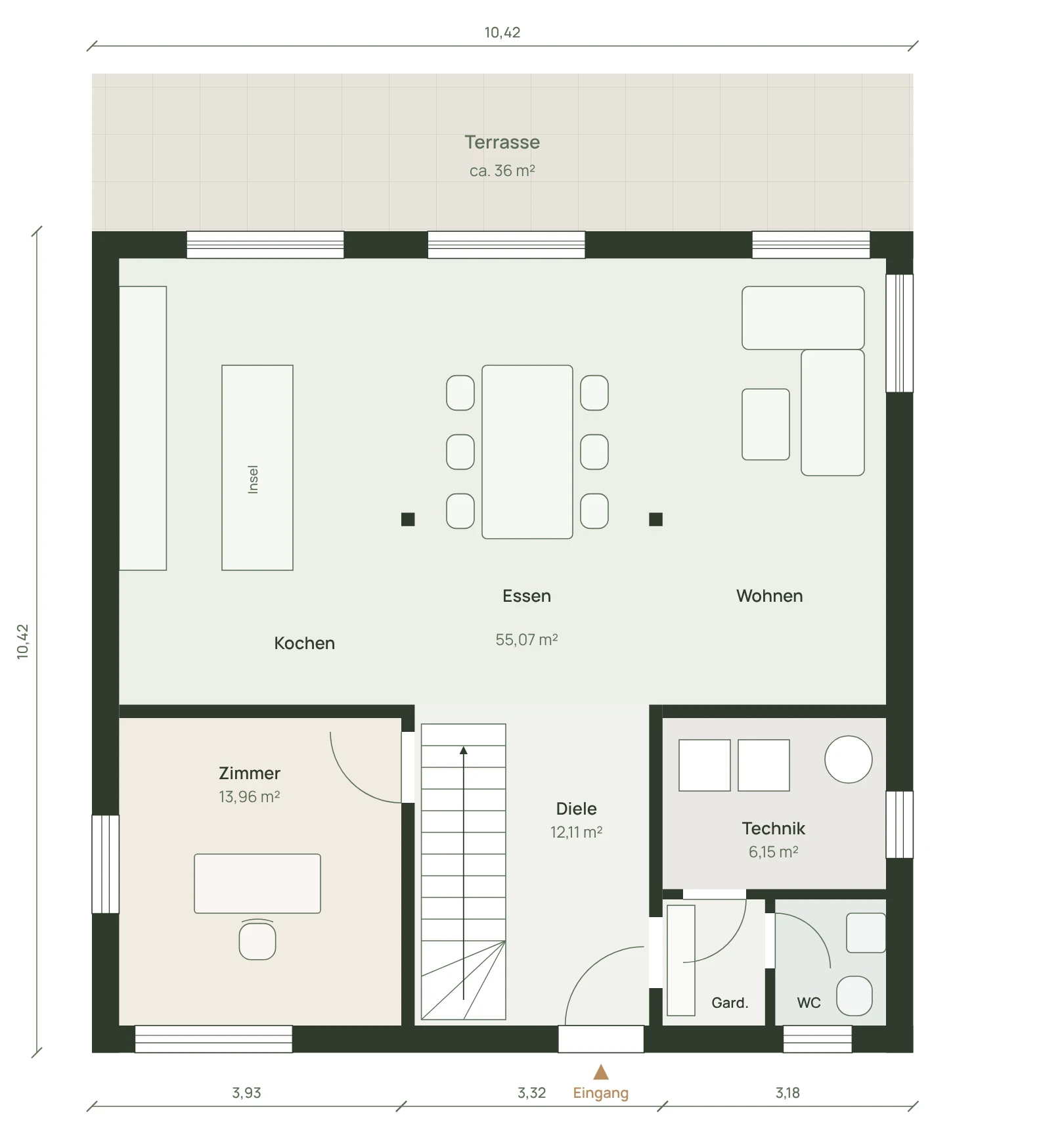 Grundriss Erdgeschoss: offener Koch-, Ess- und Wohnbereich mit Terrasse, Zimmer, Diele mit Treppe, Technik, Garderobe und Gäste-WC